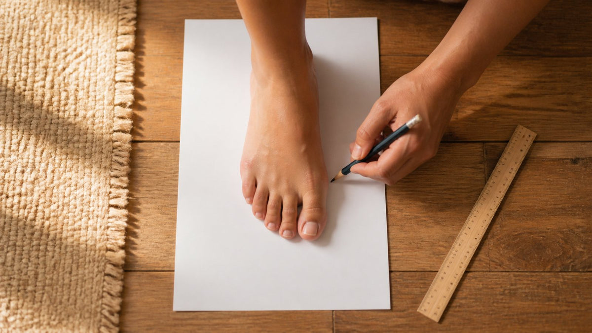 Pie descalzo sobre una hoja de papel mientras se traza el contorno con lápiz para medir la talla
