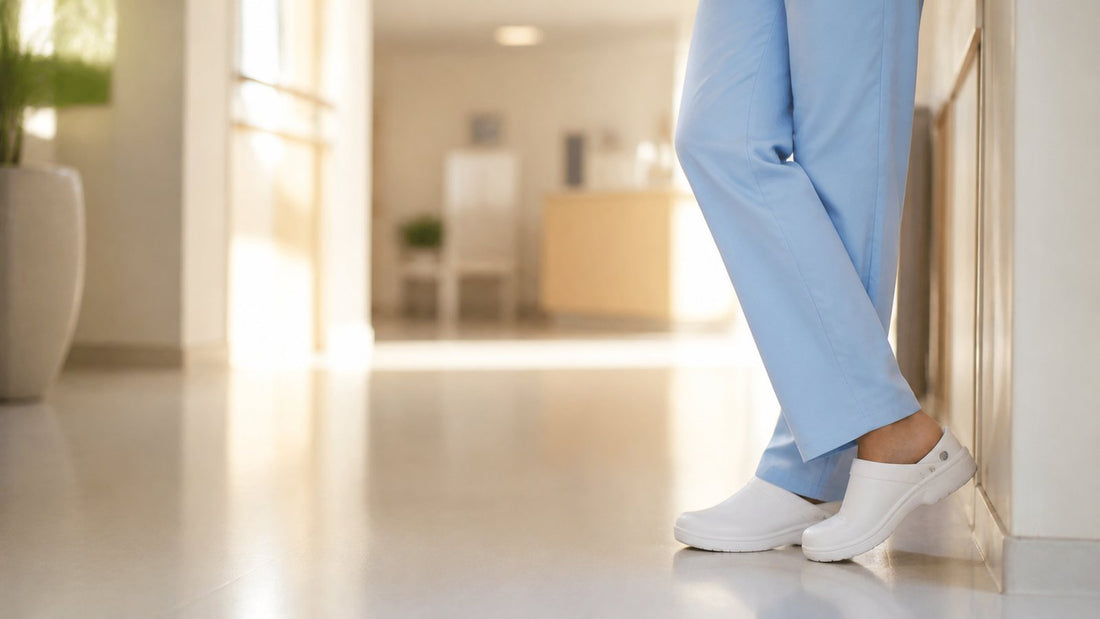 Enfermera de pie en un pasillo de clínica con uniforme azul y suecos blancos cómodos