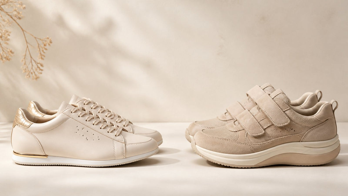 Comparación entre un tenis de moda delgado y un tenis ortopédico con velcro y suela acolchada