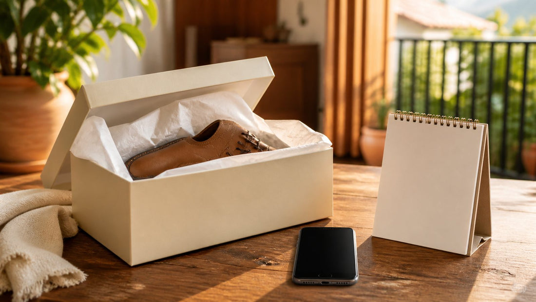 Caja de zapatos abierta con un zapato de cuero, junto a un celular y un calendario