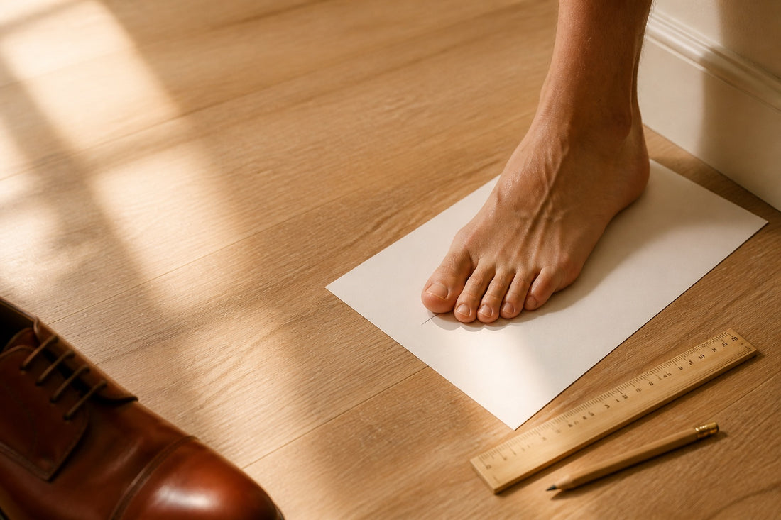 Pie sobre una hoja de papel con regla y lápiz para medir la talla de calzado en casa