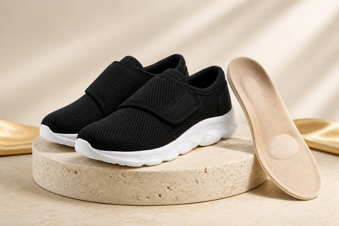 Tenis ortopédicos negros con suela ergonómica junto a plantilla anatómica removible