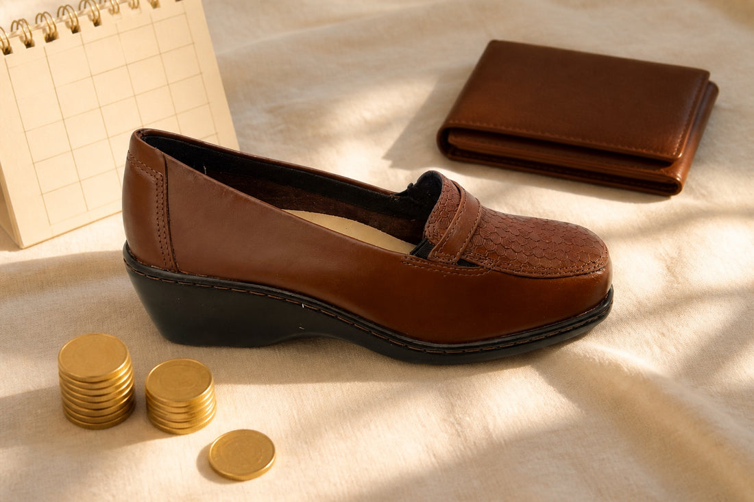 Zapato de cuero café con monedas doradas, billetera y calendario: compra de calzado a cuotas