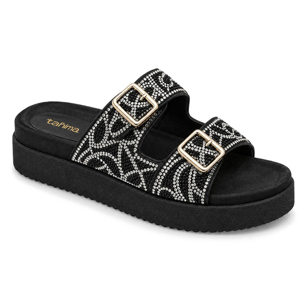 Sandalia Plana con Brillo y Hebillas para Mujer – Negro