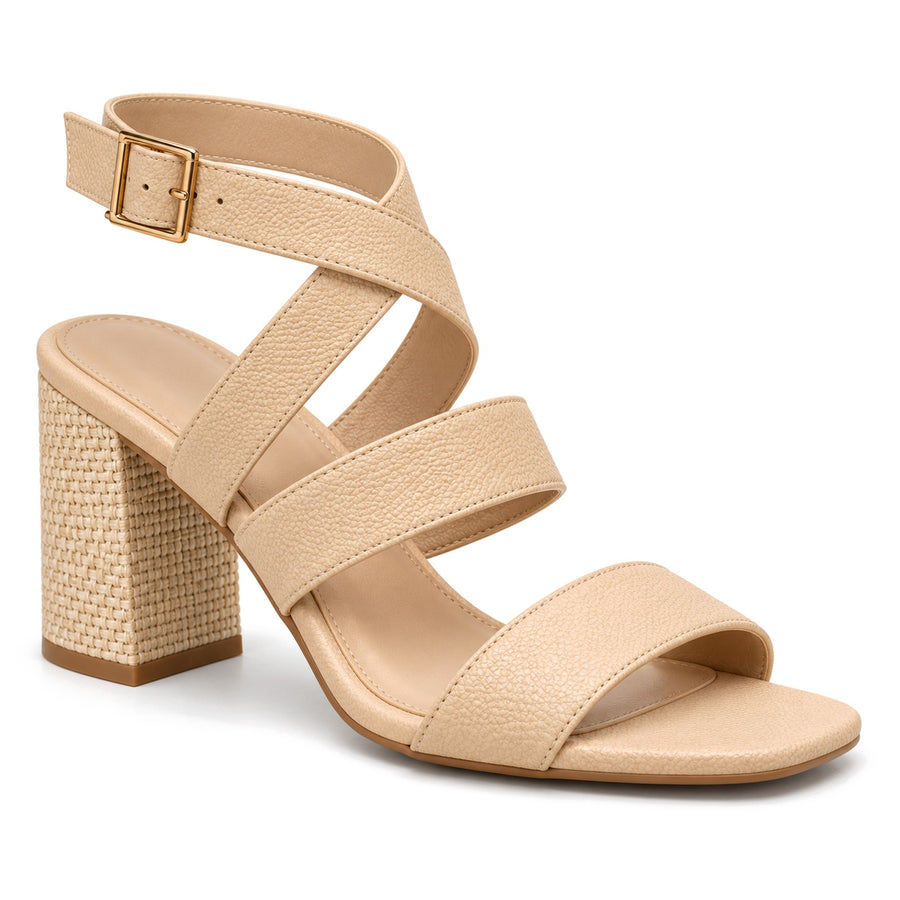 Sandalia de Tacón con Triple Tira y Hebilla Dorada para Mujer – Beige