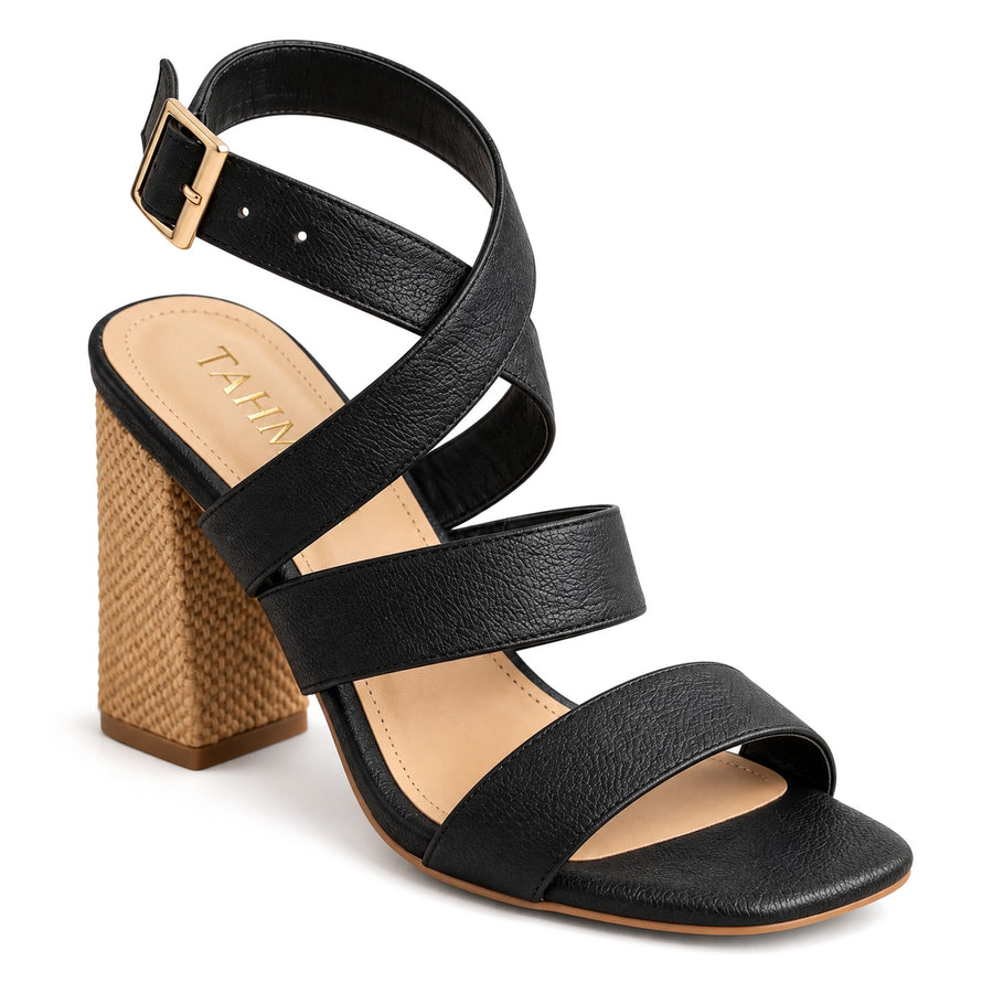 Sandalia de Tacón con Triple Tira y Hebilla Dorada para Mujer – Negro