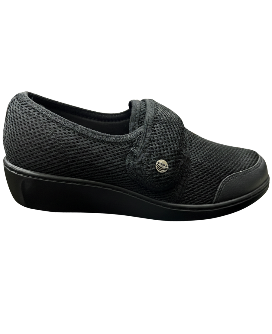 Mocasín Rómulo Ajustable en Textil y Cuero Negro para mujer