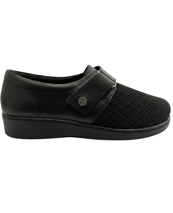 Mocasín Rómulo Ajustable en Textil y Cuero Negro para mujer