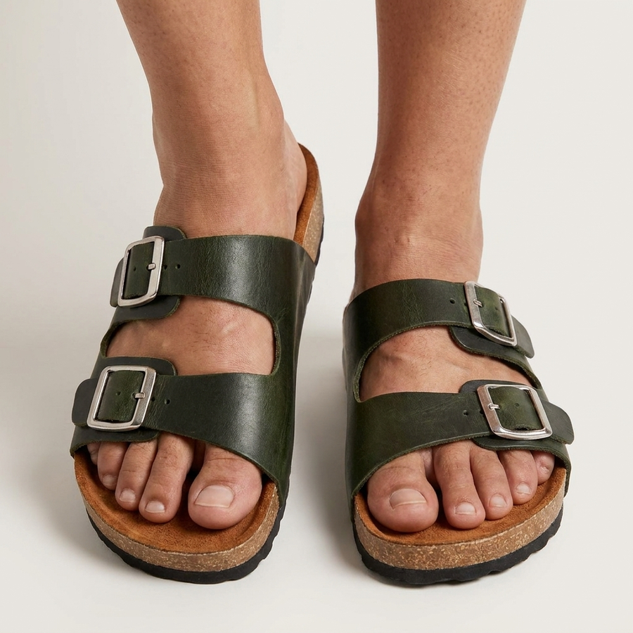 Sandalias de Cuero con Doble Hebilla para Hombre — Plantilla Anatómica