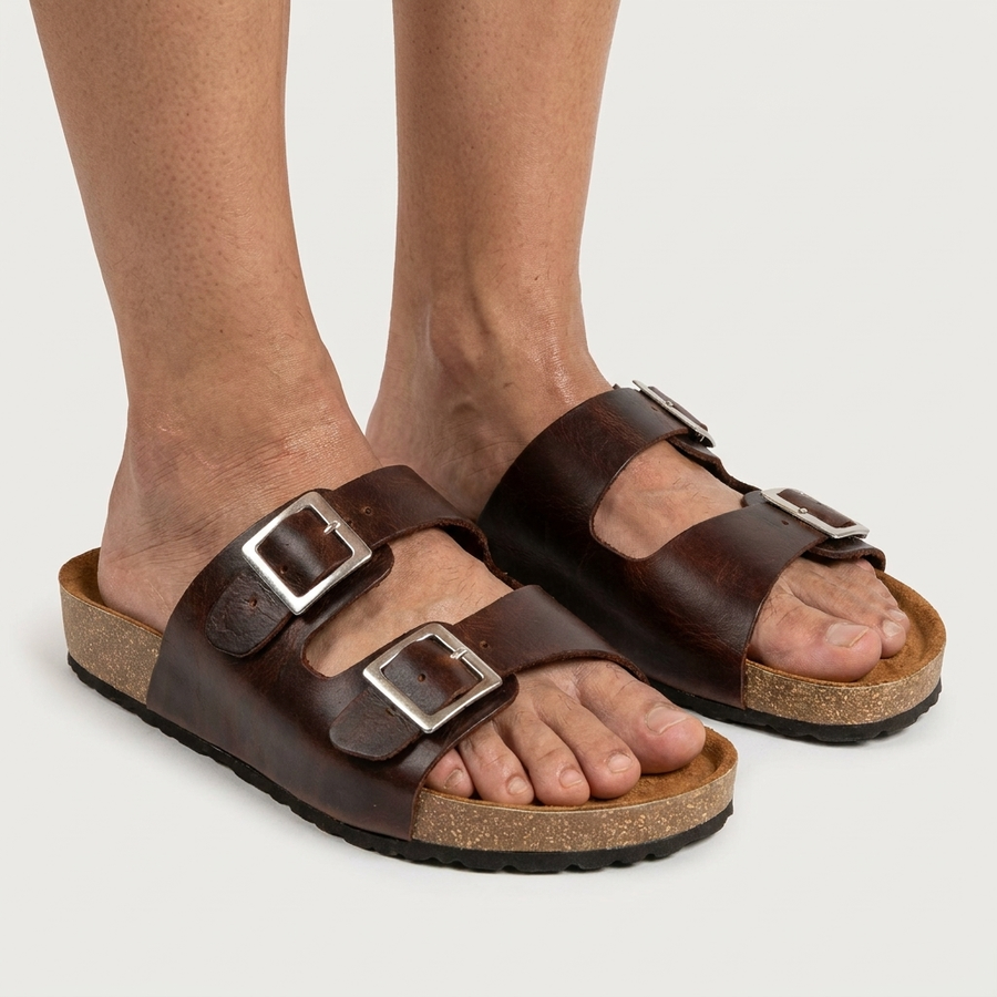 Sandalias de Cuero con Doble Hebilla para Hombre — Plantilla Anatómica